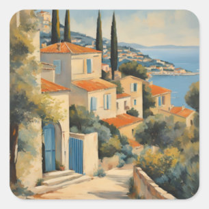 Vintage Style Côte d'Azur Französische Reise Aquar Quadratischer Aufkleber