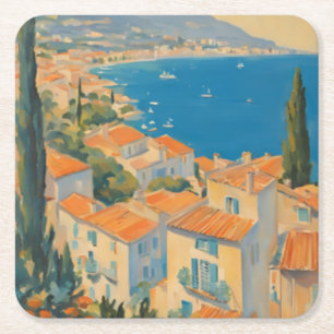 Vintage Style Côte d'Azur Französische Reise Aquar Rechteckiger Pappuntersetzer