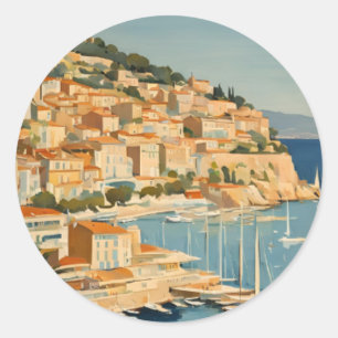 Vintage Style Côte d'Azur Französische Reise Aquar Runder Aufkleber