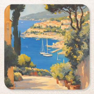 Vintage Style Côte d'Azur Französische Reisemalere Rechteckiger Pappuntersetzer