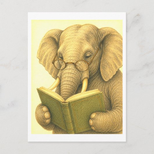 Vintage-Style Elephant Reading Postkarte (Vorderseite)