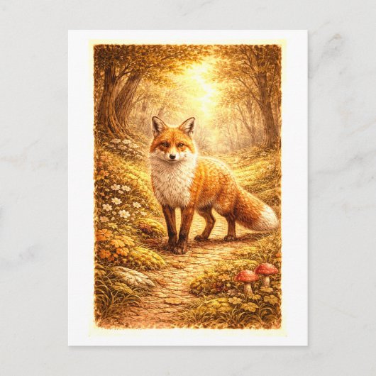 Vintage-Style Fox in Forest Illustration Postkarte (Vorderseite)