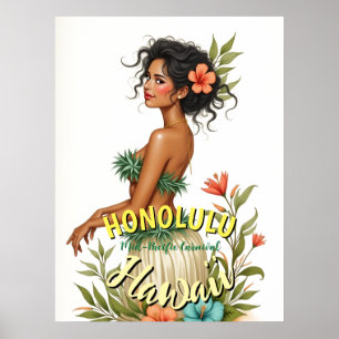 Vintage Style Hawaii Reise Honolulu Hula Mädchen Poster