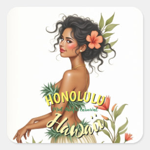 Vintage Style Hawaii Reise Honolulu Hula Mädchen Quadratischer Aufkleber