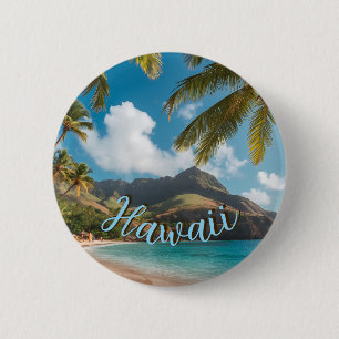 Vintage Style Hawaiianischer Blauer Meer Palmen Hi Button
