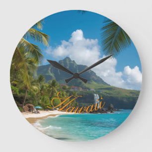 Vintage Style Hawaiianischer Blauer Meer Palmen Hi Große Wanduhr