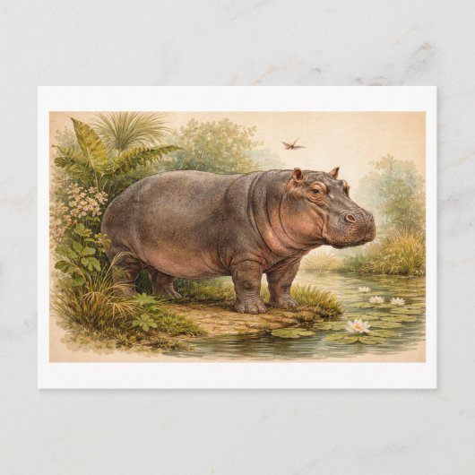 Vintage-Style Hippo Illustration Postkarte (Vorderseite)