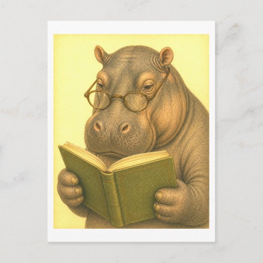 Vintage-Style Hippo Reading Postkarte (Vorderseite)