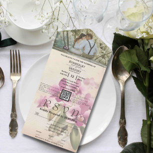 Vintage Style Lila Orchideen Blumen QR Code Foto All In One Einladung