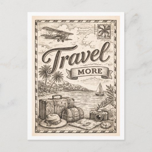 Vintage-Style "Mehr Reisen" Postkarte (Vorderseite)