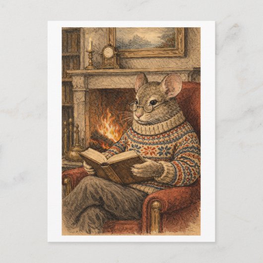 Vintage-Style Mouse Reading a Book Postkarte (Vorderseite)