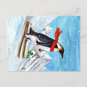 Vintage Style Pinguin Abfahrtski Postkarte
