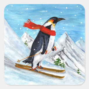 Vintage Style Pinguin Abfahrtski Quadratischer Aufkleber