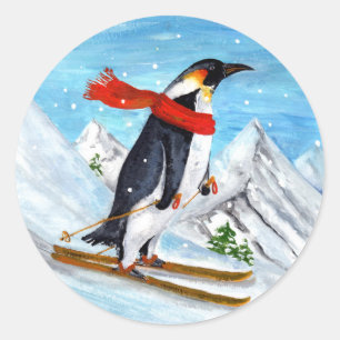 Vintage Style Pinguin Abfahrtski Runder Aufkleber