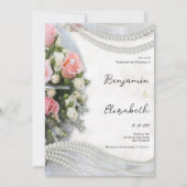 Vintage style pink white rose pearl Wedding Einladung (Vorderseite)
