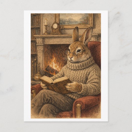 Vintage-Style Rabbit Reading a Book Postkarte (Vorderseite)