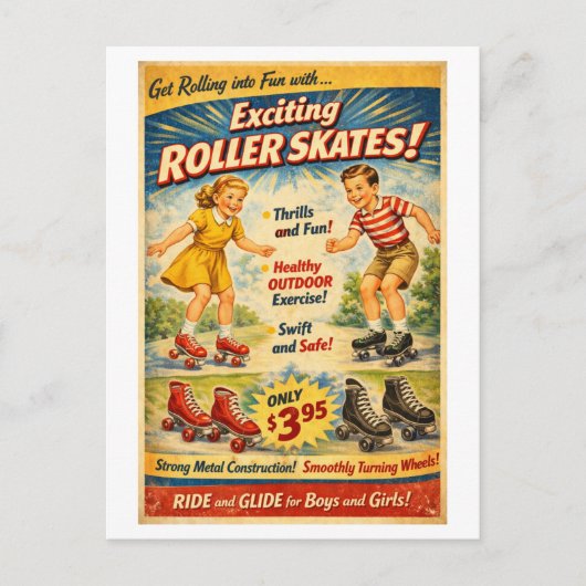 Vintage-Style Roller Skates Advertisement Postkarte (Vorderseite)