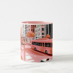 Vintage-Style rosa Bus in einer Stadtlandschaft, n Zweifarbige Tasse