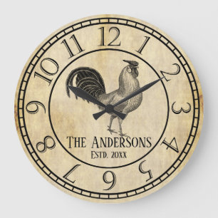 Vintage Style Rustic Rooster Family Name Große Wanduhr