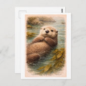 Vintage-Style Sea Otter Illustration Postkarte (Vorne/Hinten)