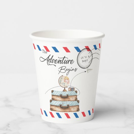 Vintage Suitcase Baby Shower Boy Adventure Postal Pappbecher (Rückseite)