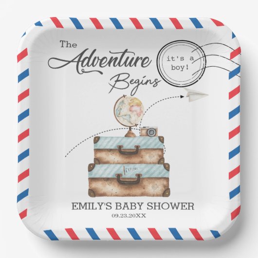 Vintage Suitcase Baby Shower Boy Adventure Postal Pappteller (Vorderseite)