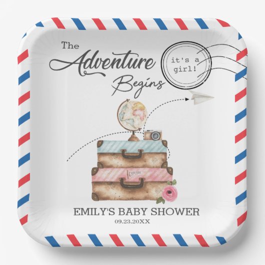 Vintage Suitcase Baby Shower Girl Adventure Postal Pappteller (Vorderseite)