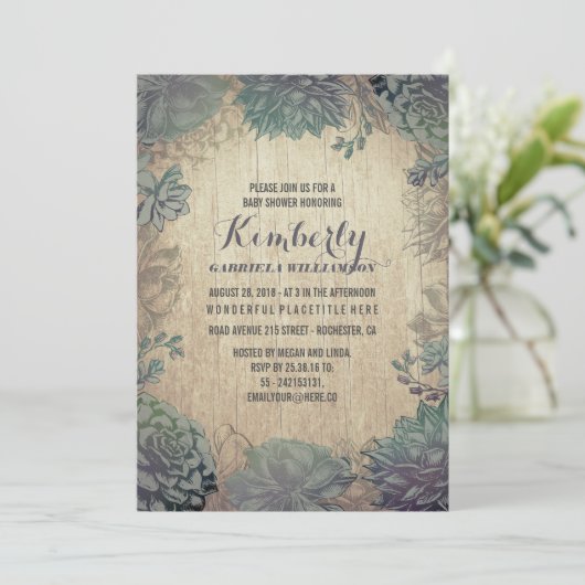 Vintage Sukkuline Rustikale Babydusche Einladung (Stehend Vorderseite)