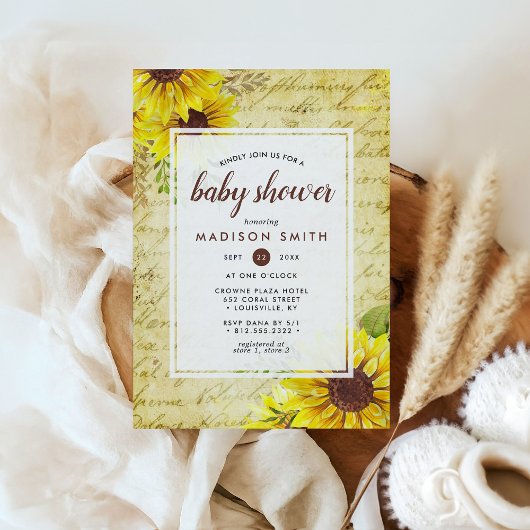 Vintage Sunflower Script Baby Shower Einladung