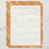 Vintage Sunflower Toile Orange Recipe Paper Sheet (Vorne/Hinten)