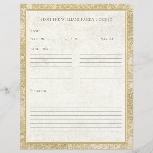 Vintage Sunflower Toile Tan Recipe Paper Sheet (Vorderseite)