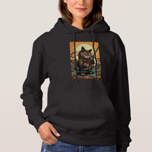Vintage Sunset Japanese Samurai Kitten Kitty Cat Hoodie (Vorderseite)