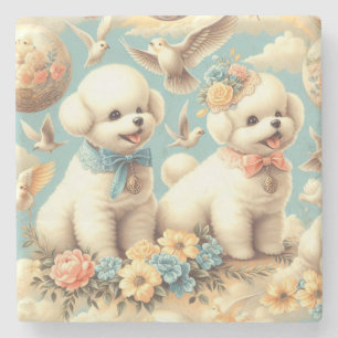 Vintage süße Bichon Frisé-Illustration Steinuntersetzer
