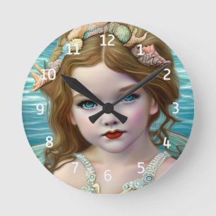 Vintage süße blaue Meeresfee Mädchen  Runde Wanduhr