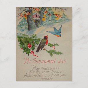 Vintage Süße blaue und rote Wintervögel Postkarte