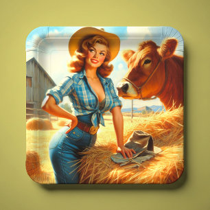 Vintage süße Cowgirl Pin-up Pappteller