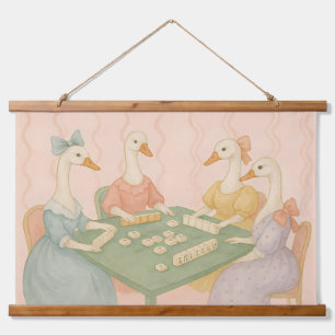Vintage Süße Gänse spielen Mahjong Wandteppich Mit Holzrahmen