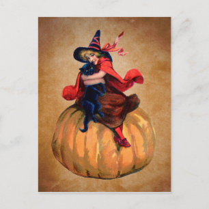vintage süße Halloween-Hexe und Katze Postkarte