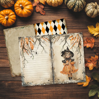 Vintage Süße Hexe Halloween Junk Journal Seite