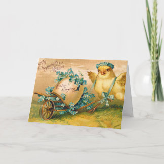 Vintage süße Hühner mit Osterhasen-Ei-Kutsche Karte