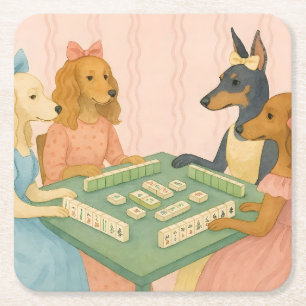 Vintage Süße Hunde spielen Mahjong Rechteckiger Pappuntersetzer