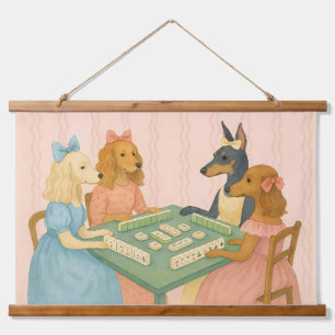 Vintage Süße Hunde spielen Mahjong Wandteppich Mit Holzrahmen