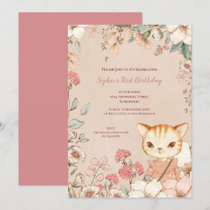 Vintage Süße Katze Florale Blätter 1. Geburtstag M Einladung