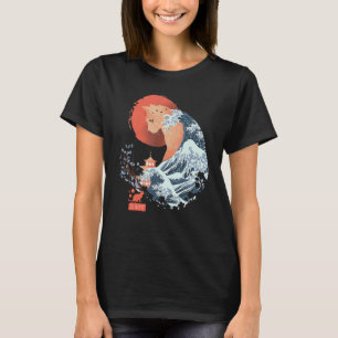Vintage Süße Katze Japanische Welle Sonnenuntergan T-Shirt