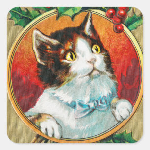 Vintage Süße Katze wünscht Ihnen ein frohes Weihna Quadratischer Aufkleber