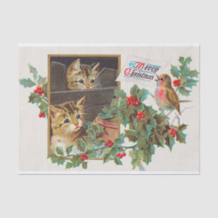 Vintage süße Katzen und Vogel Frohe Weihnachten Seidenpapier