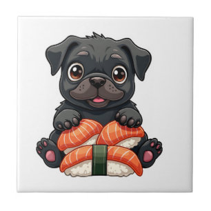 Vintage süße schwarze Pug-Sushi-Cartoon-Vektor-Ill Fliese