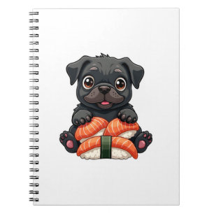 Vintage süße schwarze Pug-Sushi-Cartoon-Vektor-Ill Notizblock