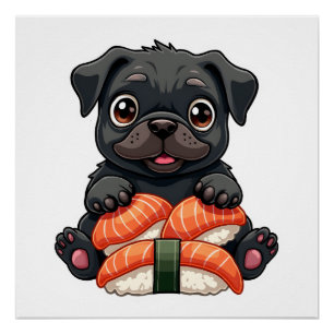 Vintage süße schwarze Pug-Sushi-Cartoon-Vektor-Ill Poster
