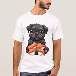 Vintage süße schwarze Pug-Sushi-Cartoon-Vektorillu T-Shirt